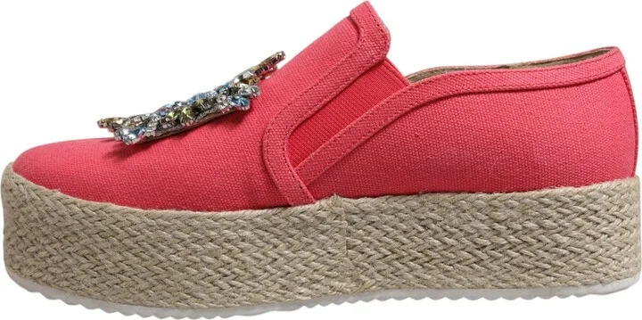 Pink Canvas Crystal Embellished Slip On Women's Shoes - Image 5