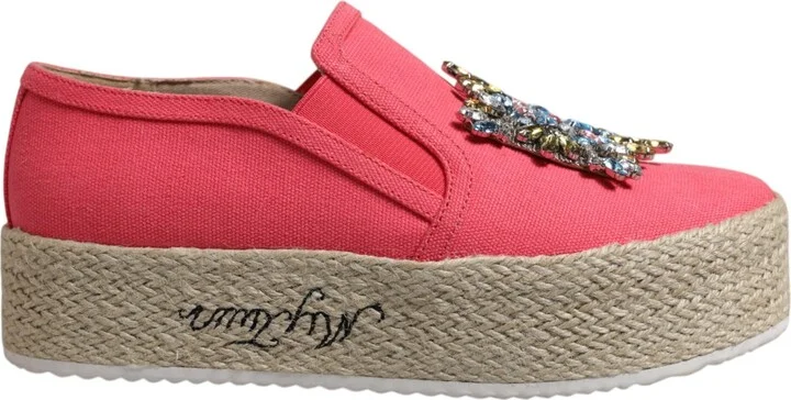 Pink Canvas Crystal Embellished Slip On Women's Shoes