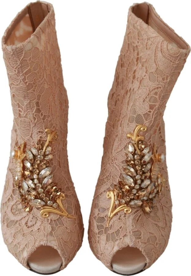 Pink Crystal Lace Booties Stilettos Women's Shoes - Image 5