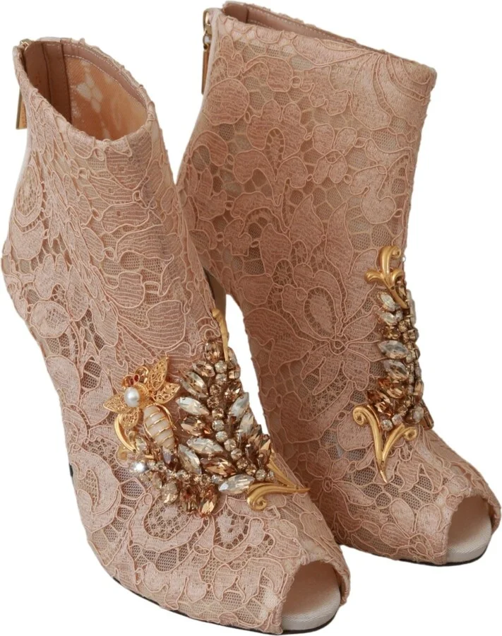 Pink Crystal Lace Booties Stilettos Women's Shoes - Image 6