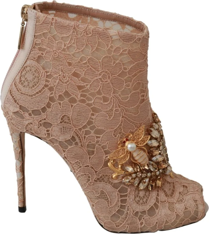 Pink Crystal Lace Booties Stilettos Women's Shoes
