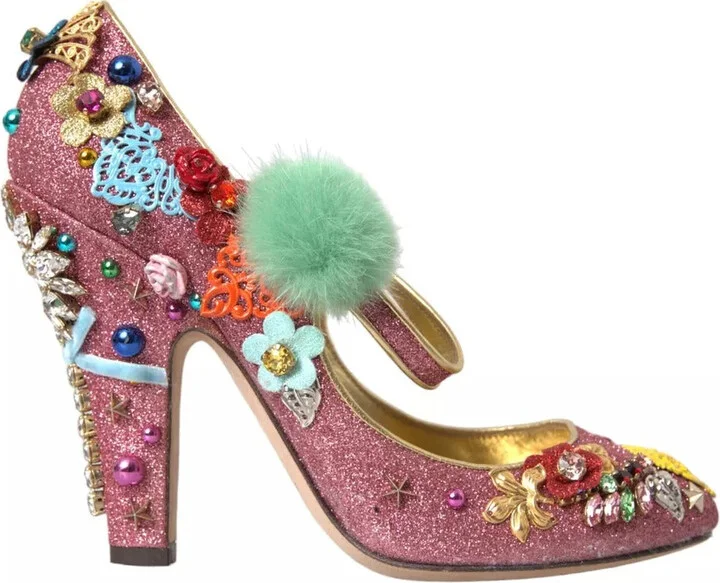 Pink Embellished Fur Mary Jane Pumps Women's Shoes (Pre-Owned)