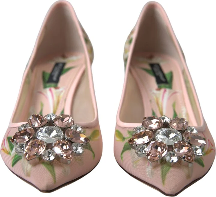Pink Floral Crystal Heels Pumps Women's Shoes - Image 2