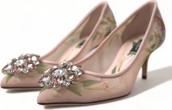 Pink Floral Crystal Heels Pumps Women's Shoes - Image 5