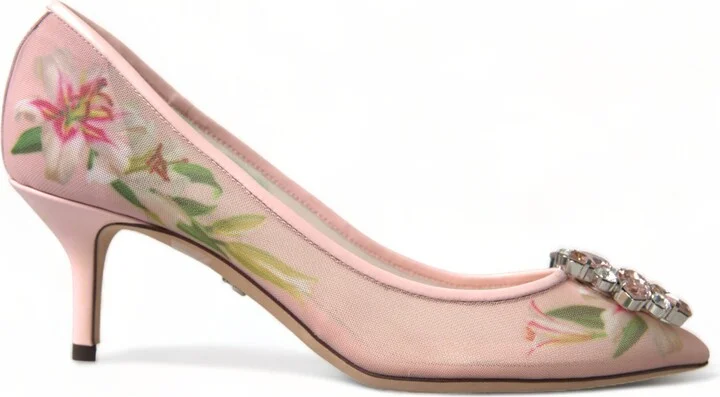 Pink Floral Crystal Heels Pumps Women's Shoes