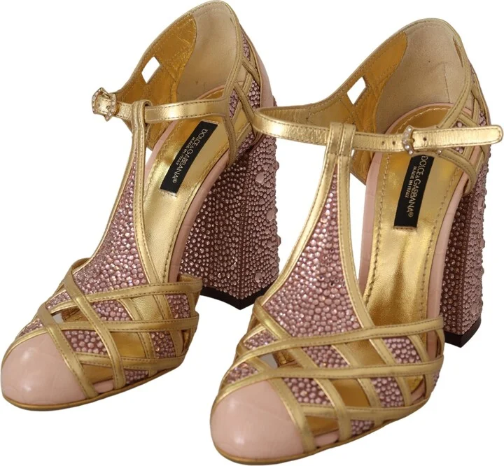 Pink Gold Leather Crystal Pumps T-strap Women's Shoes - Image 2