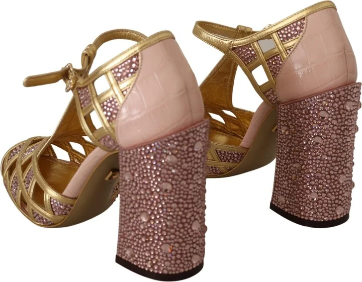 Pink Gold Leather Crystal Pumps T-strap Women's Shoes - Image 3