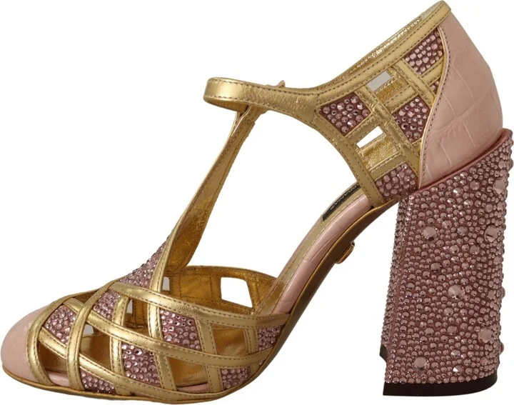 Pink Gold Leather Crystal Pumps T-strap Women's Shoes - Image 4
