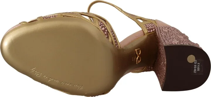 Pink Gold Leather Crystal Pumps T-strap Women's Shoes - Image 5