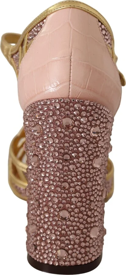 Pink Gold Leather Crystal Pumps T-strap Women's Shoes - Image 6