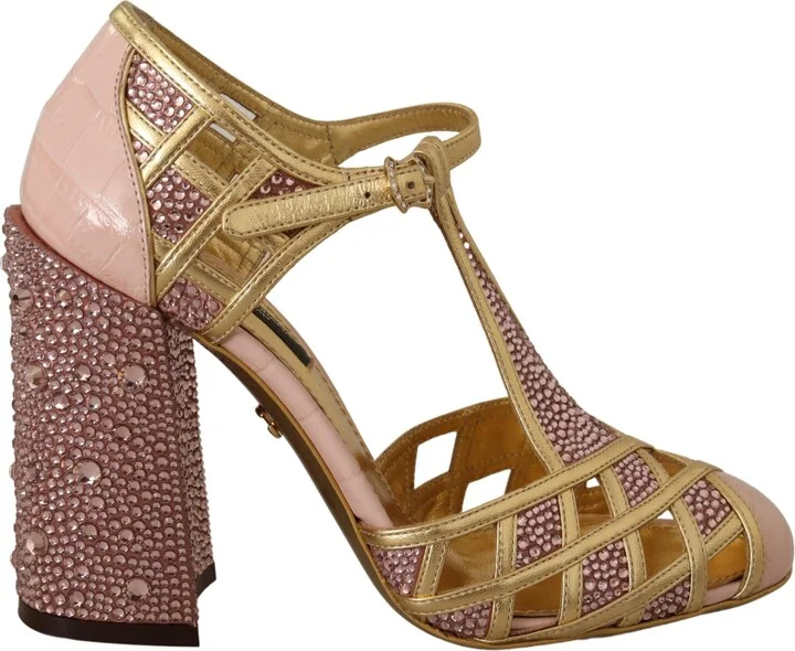 Pink Gold Leather Crystal Pumps T-strap Women's Shoes