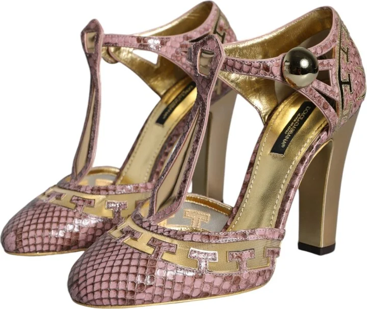 Pink Gold Leather Pumps T-strap Sandals Women's Shoes - Image 3