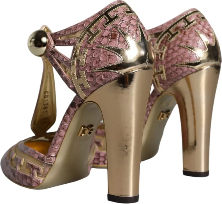 Pink Gold Leather Pumps T-strap Sandals Women's Shoes - Image 4