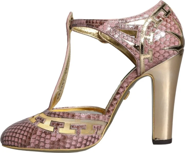 Pink Gold Leather Pumps T-strap Sandals Women's Shoes - Image 5