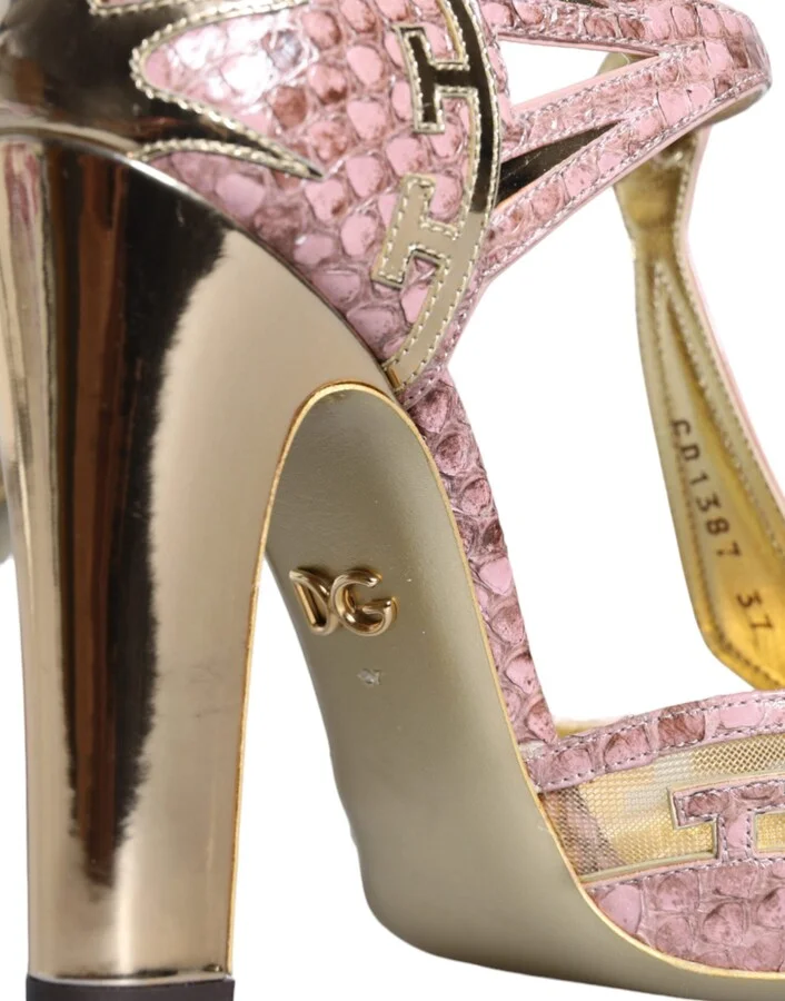 Pink Gold Leather Pumps T-strap Sandals Women's Shoes - Image 6