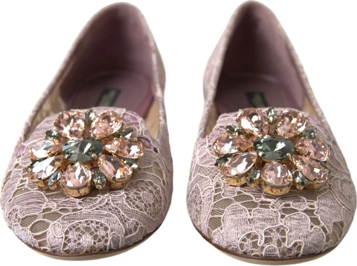Pink Lace Crystal Ballet Flats Loafers Women's Shoes - Image 2