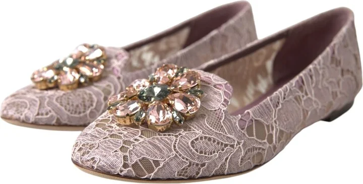 Pink Lace Crystal Ballet Flats Loafers Women's Shoes - Image 3