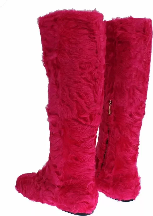 Pink Lamb Fur Leather Flat Boots Women's Shoes - Image 2