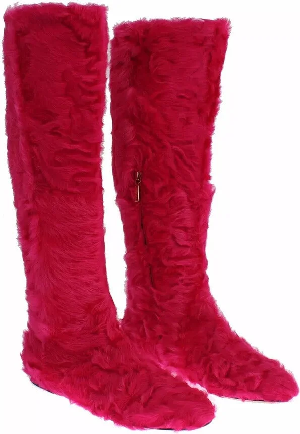 Pink Lamb Fur Leather Flat Boots Women's Shoes - Image 3