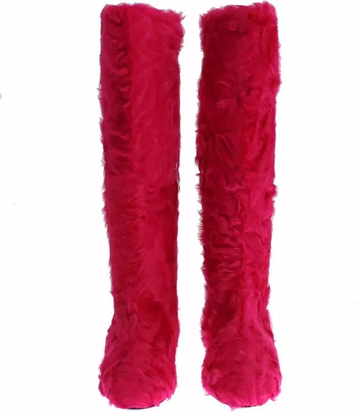 Pink Lamb Fur Leather Flat Boots Women's Shoes - Image 4