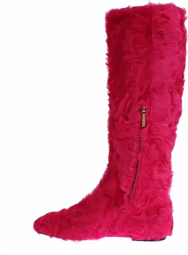 Pink Lamb Fur Leather Flat Boots Women's Shoes - Image 5