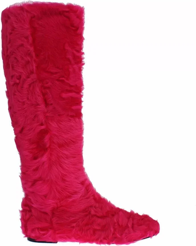 Pink Lamb Fur Leather Flat Boots Women's Shoes