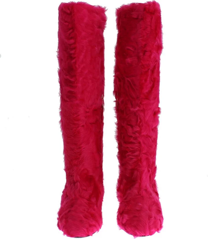 Pink Lamb Fur Leather Flat Women's Boots - Image 2