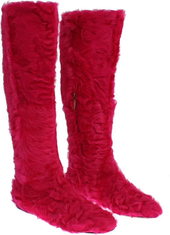 Pink Lamb Fur Leather Flat Women's Boots - Image 3