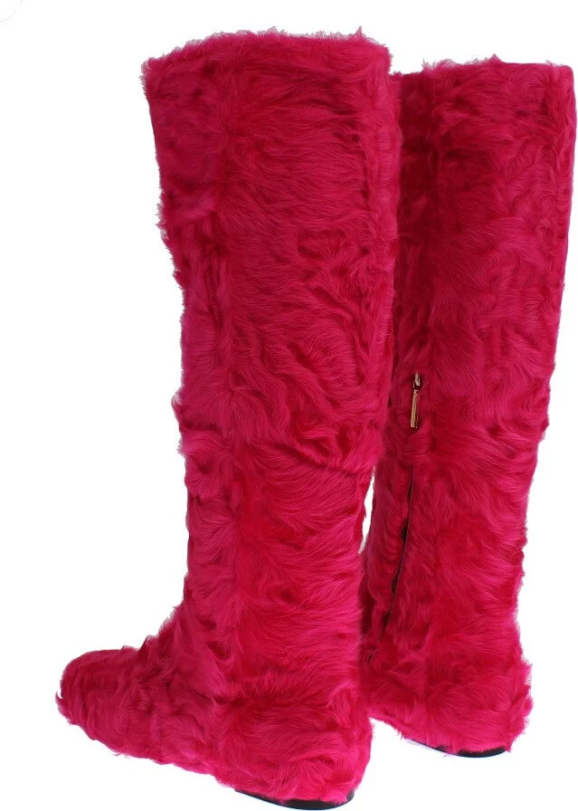Pink Lamb Fur Leather Flat Women's Boots - Image 4