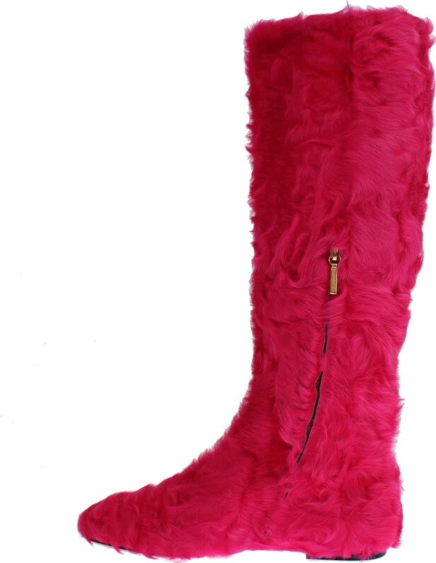 Pink Lamb Fur Leather Flat Women's Boots - Image 5