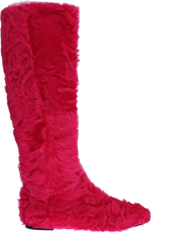 Pink Lamb Fur Leather Flat Women's Boots
