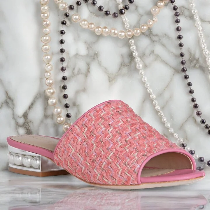 Pink / Neutrals Blanche Light Pink Linen Tweed Comfortable Flat Sandal - Image 2