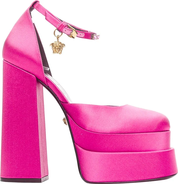 pink satin crystal Medusa platforms