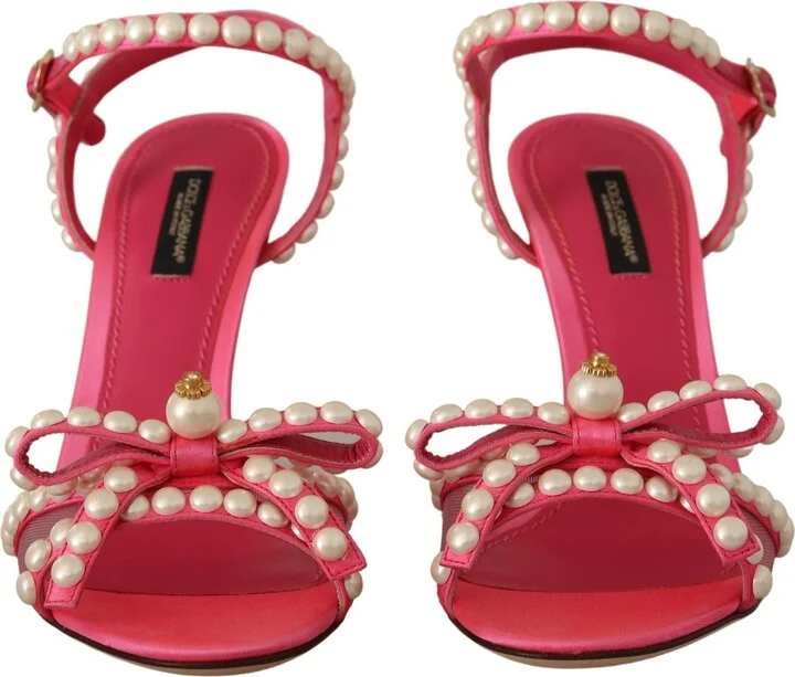 Pink Satin White Pearl Crystals Heels Women's Shoes - Image 4