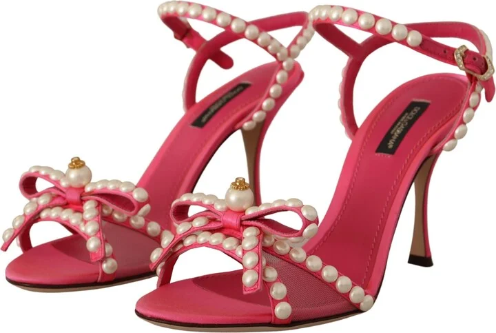 Pink Satin White Pearl Crystals Heels Women's Shoes - Image 5
