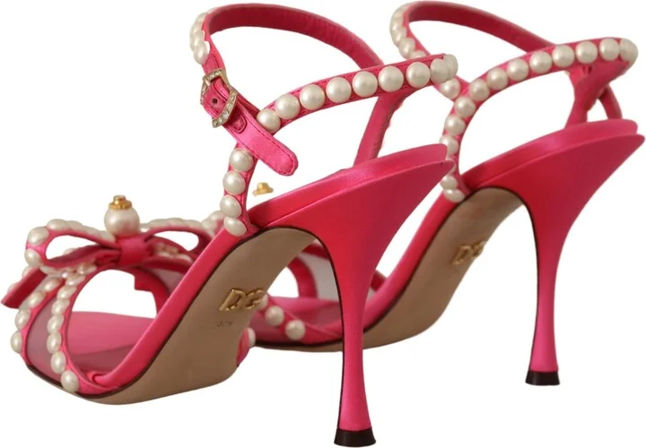 Pink Satin White Pearl Crystals Heels Women's Shoes - Image 6