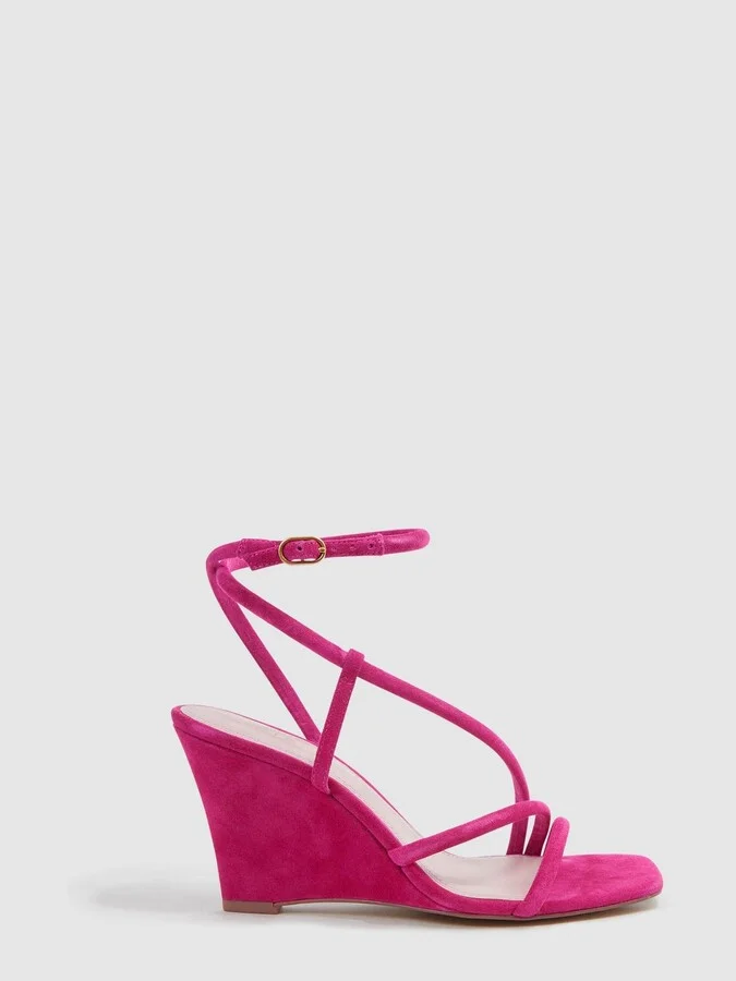 Pink Suede Strappy Wedge Heels