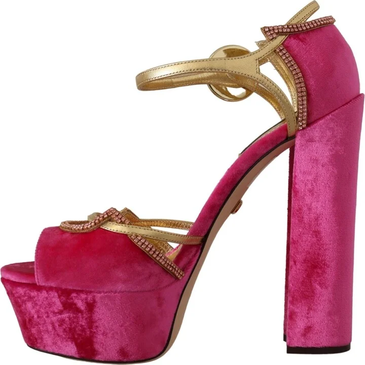 Pink Velvet Crystal Ankle Strap Sandals Women's Shoes - Image 4
