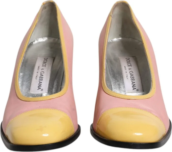Pink Yellow Leather Block Heels Pumps Women's Shoes (Pre-Owned) - Image 2