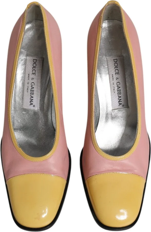 Pink Yellow Leather Block Heels Pumps Women's Shoes (Pre-Owned) - Image 3
