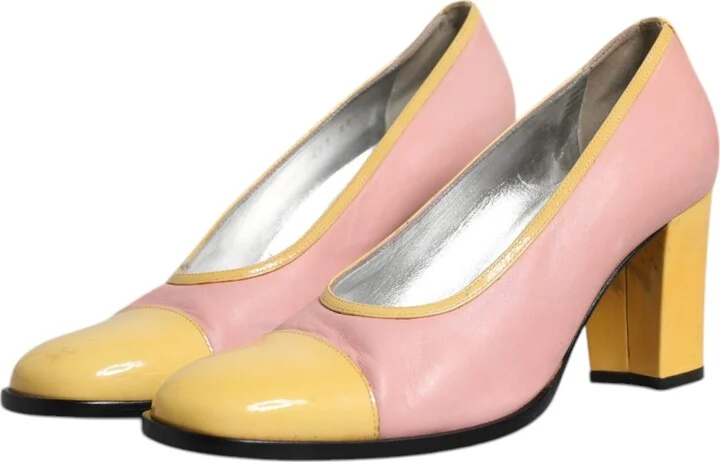 Pink Yellow Leather Block Heels Pumps Women's Shoes (Pre-Owned) - Image 4