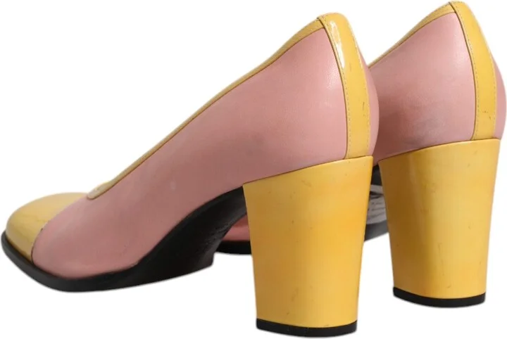 Pink Yellow Leather Block Heels Pumps Women's Shoes (Pre-Owned) - Image 5