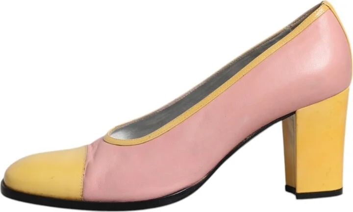 Pink Yellow Leather Block Heels Pumps Women's Shoes (Pre-Owned) - Image 6
