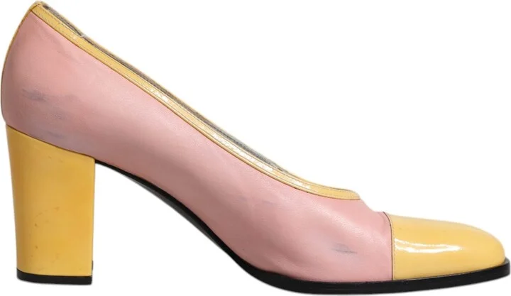Pink Yellow Leather Block Heels Pumps Women's Shoes (Pre-Owned)