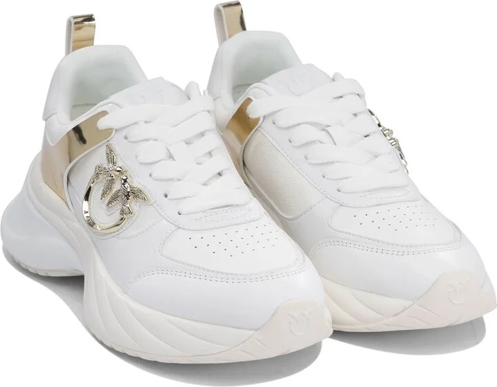 Pinko White And Gold Leather Ariel Sneakers - Image 3