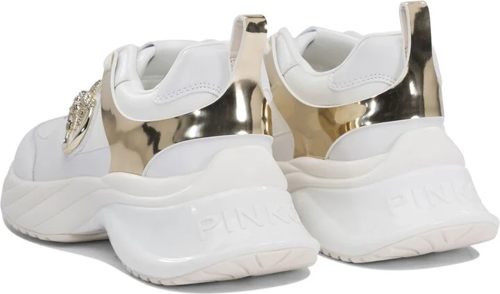 Pinko White And Gold Leather Ariel Sneakers - Image 4
