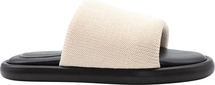 Pipe Stretch-Knit Slides in Ecru Leather