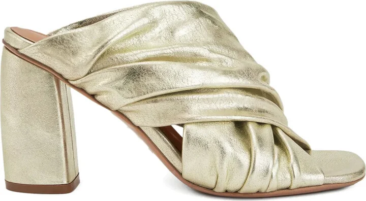 Pleated Cross-Strap Heeled Mules