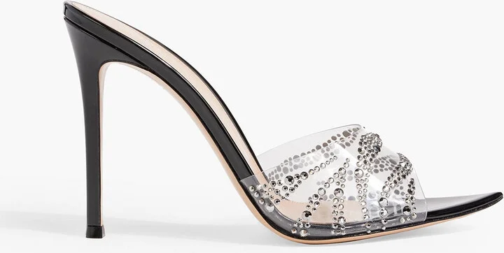Plexi crystal-embellished PVC and patent-leather mules