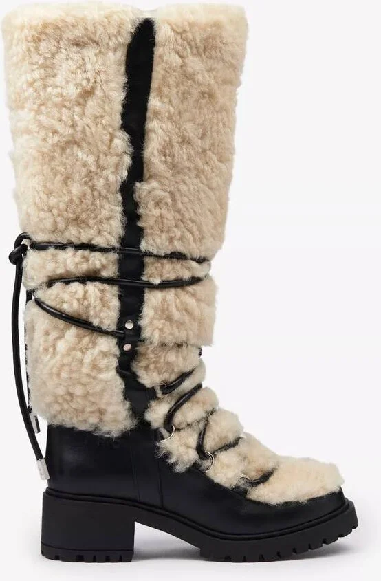 Plumy Platform Leather Boots In Ecru/black